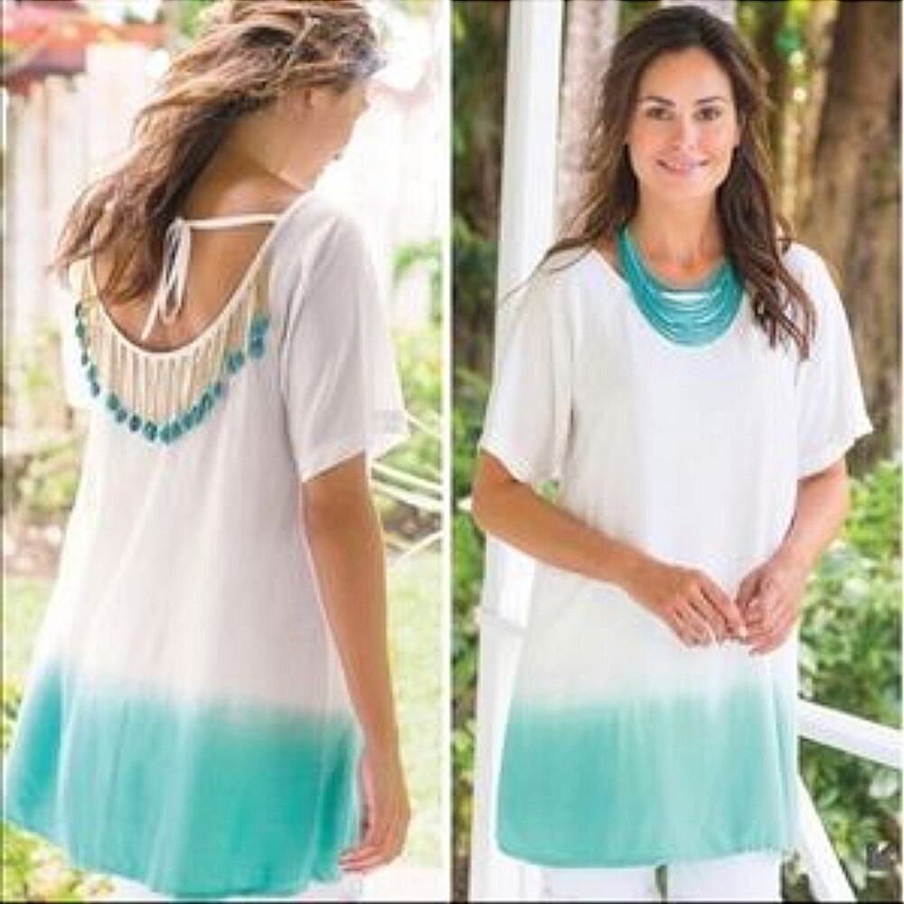 Soft Surroundings White Blue Shell Bead Tunic Top S Boho Beach Coastal Resort